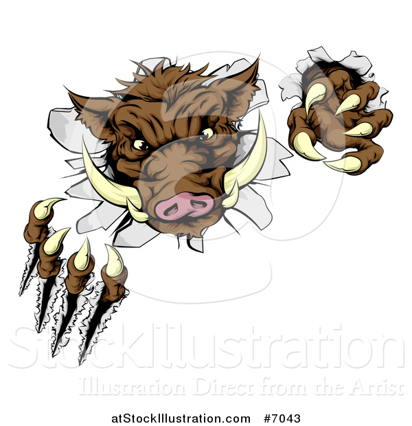 Vector Illustration of a Brown Boar Monster Slashing Through a Wall