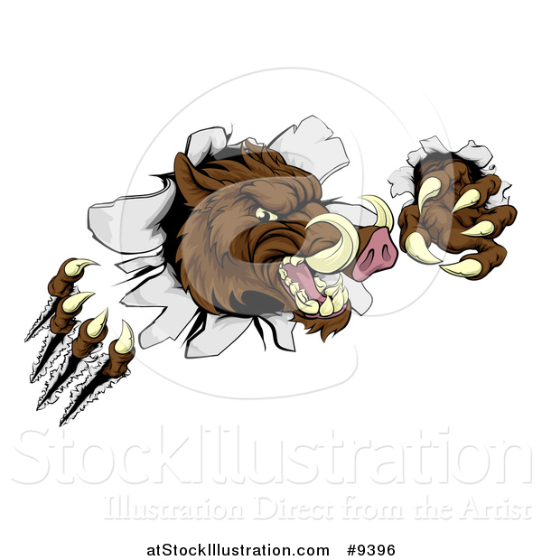 Vector Illustration of a Brown Boar Monster Slashing Through a Wall