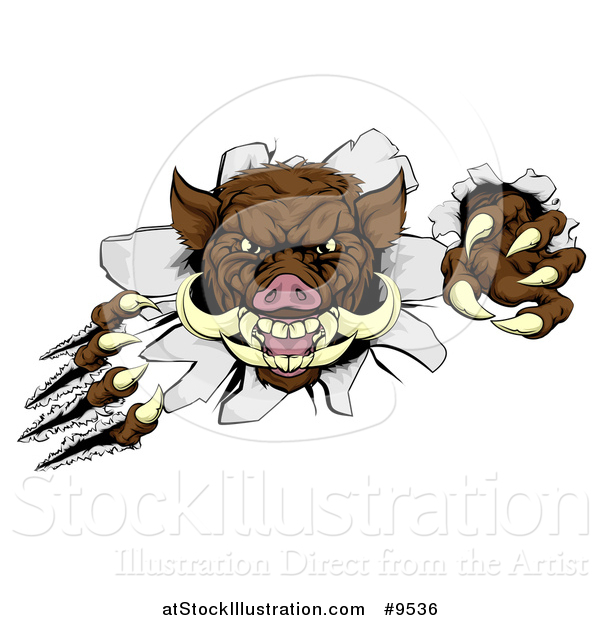 Vector Illustration of a Brown Boar Monster Slashing Through a Wall