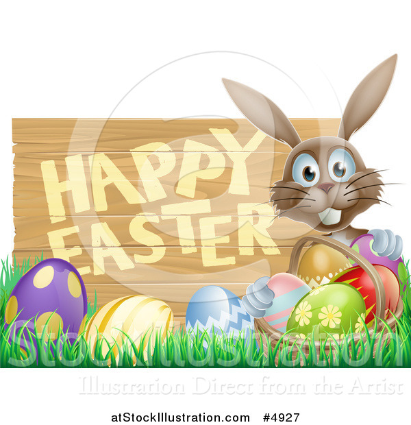 Vector Illustration of a Brown Bunny and Happy Easter Sign, with Easter Eggs in Grass and a Basket