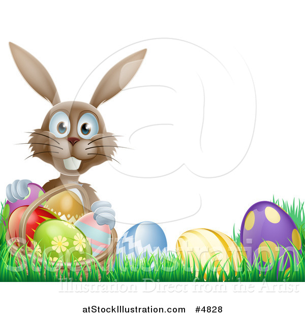 Vector Illustration of a Brown Bunny Holding Basket by Easter Eggs