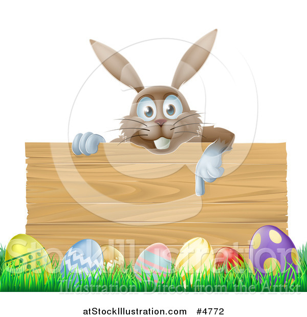 Vector Illustration of a Brown Bunny over a Wood Sign and Easter Eggs