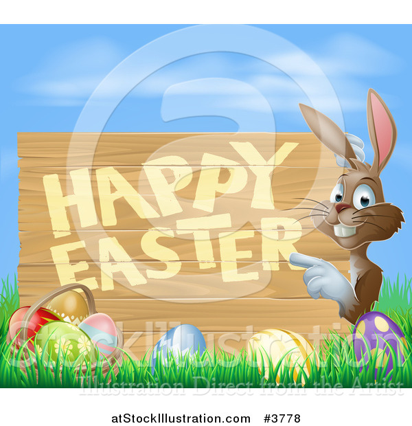 Vector Illustration of a Brown Bunny Pointing to a Happy Easter Sign, with a Basket and Easter Eggs in Grass