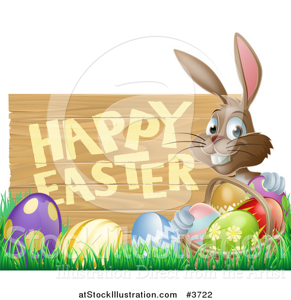 Vector Illustration of a Brown Bunny with a Basket and Easter Eggs in Grass, by a Happy Easter Sign