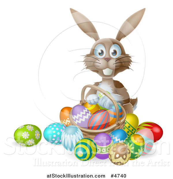 Vector Illustration of a Brown Bunny with Easter Eggs and a Basket