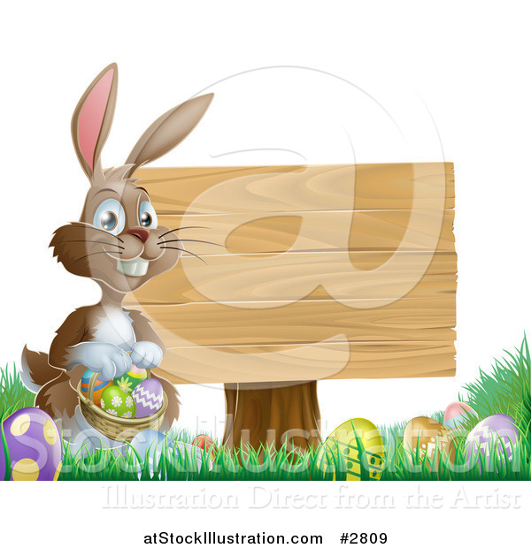 Vector Illustration of a Brown Easter Bunny Holding a Basket of Eggs by a Wood Sign in Grass