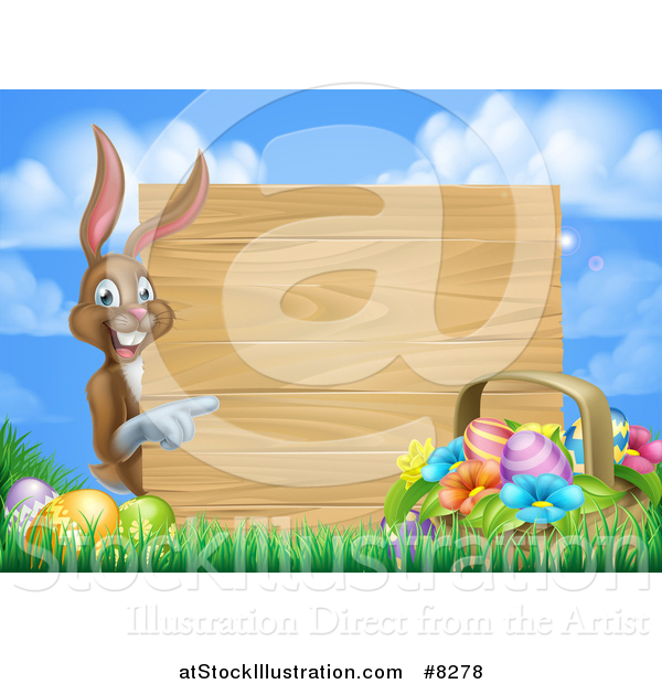 Vector Illustration of a Brown Easter Bunny Rabbit with Eggs and a Basket, Pointing Around a Blank Wood Sign Against Sky