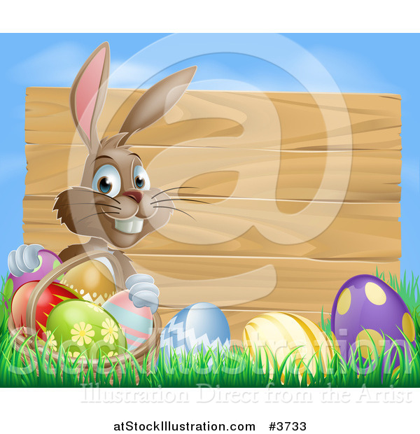 Vector Illustration of a Brown Easter Bunny with Eggs in Grass and a Basket by a Wood Sign with Blue Sky