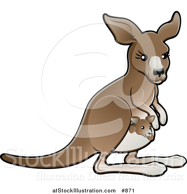 Vector Illustration of a Brown Mother Kangaroo with a Little Baby Joey in Her Pouch