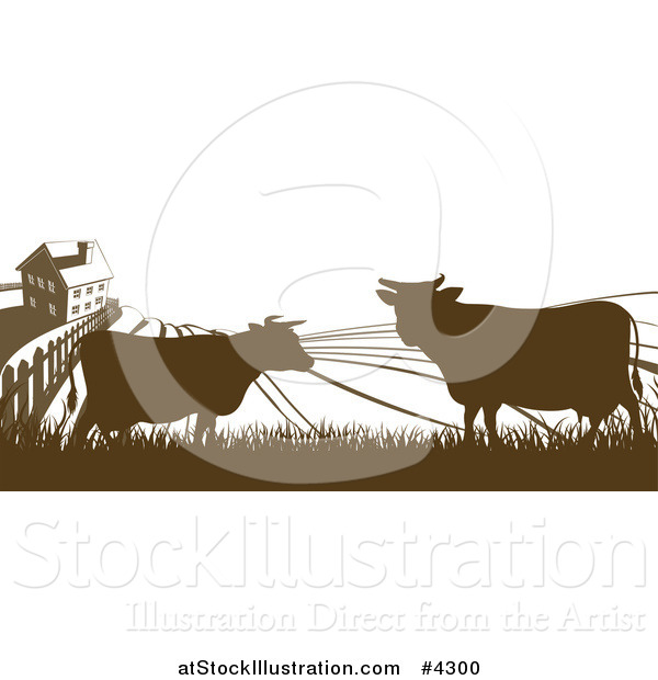 Vector Illustration of a Brown Silhouetted Farm House with Cows and Fields