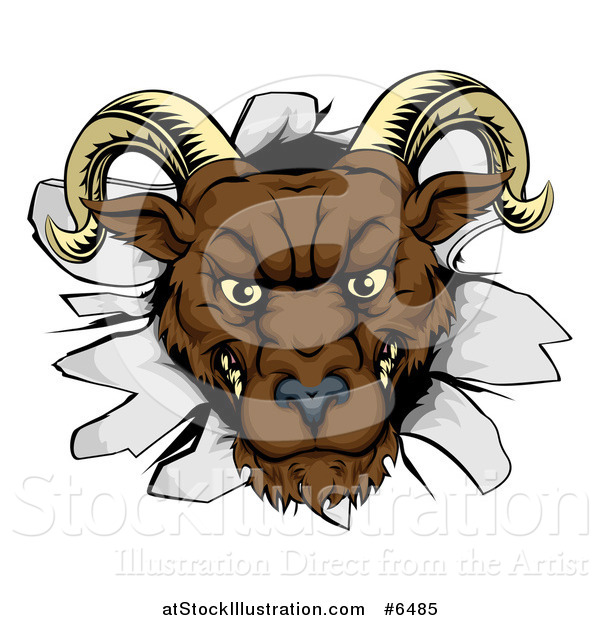 Vector Illustration of a Brown Snarling Angry Ram Breaking Through a Wall