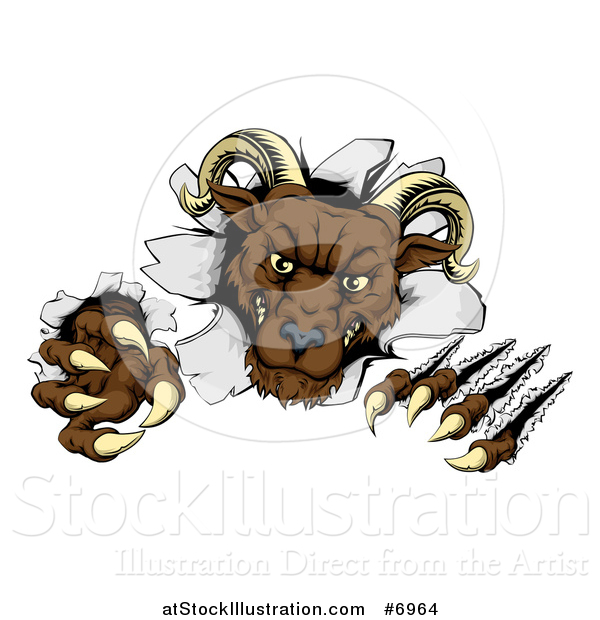 Vector Illustration of a Brown Vicious Ram Monster Clawing Through a Wall