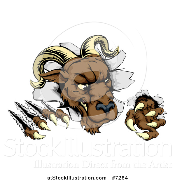 Vector Illustration of a Brown Vicious Ram Monster Clawing Through a Wall