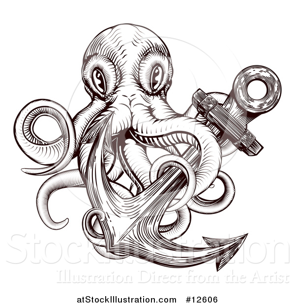 Vector Illustration of a Brown Woodblock Octopus and Anchor