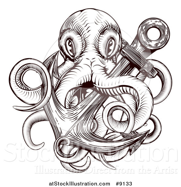 Vector Illustration of a Brown Woodblock Octopus and Anchor