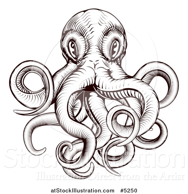 Vector Illustration of a Brown Woodblock Octopus