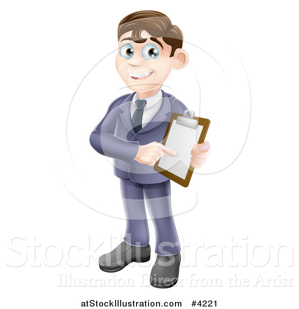 Vector Illustration of a Brunette Businessman Pointing to and Holding a Clipboard