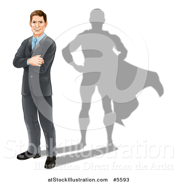 Vector Illustration of a Brunette Caucasian Businesman Standing with Folded Arms and a Super Hero Shadow
