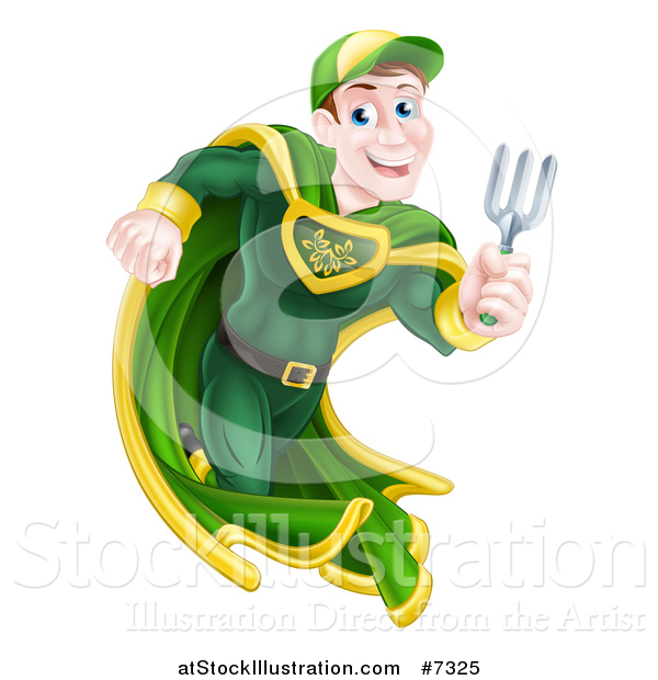 Vector Illustration of a Brunette Caucasian Male Super Hero Running with a Garden Fork or Hand Rake