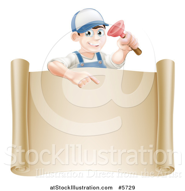 Vector Illustration of a Brunette Male Plumber Holding a Plunger and Pointing down at a Scroll Sign