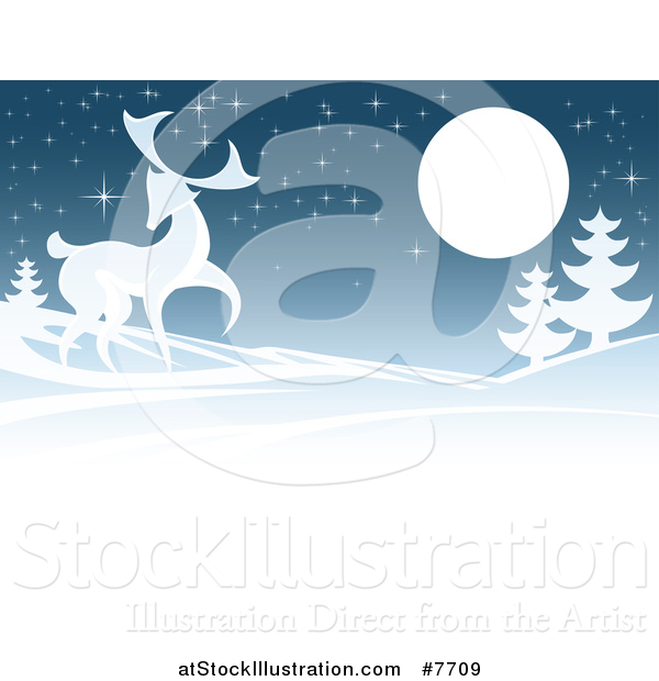 Vector Illustration of a Buck Deer in a Hilly Winter Landscape Under a Full Moon at Night