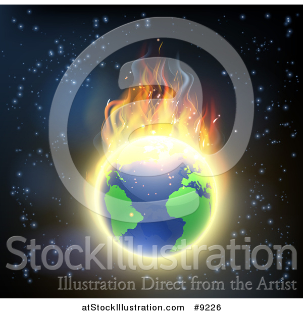 Vector Illustration of a Burning Earth Globe with Bright Flames Against Outer Space
