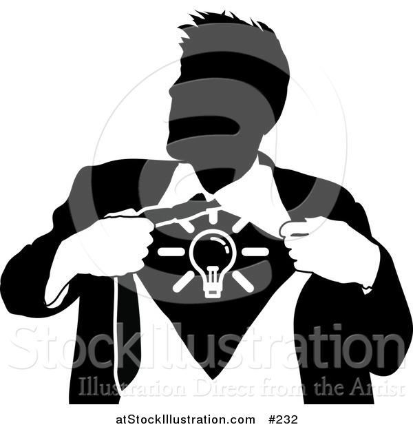 Vector Illustration of a Business Man Ripping Open His Shirt to Show a Light Bulb