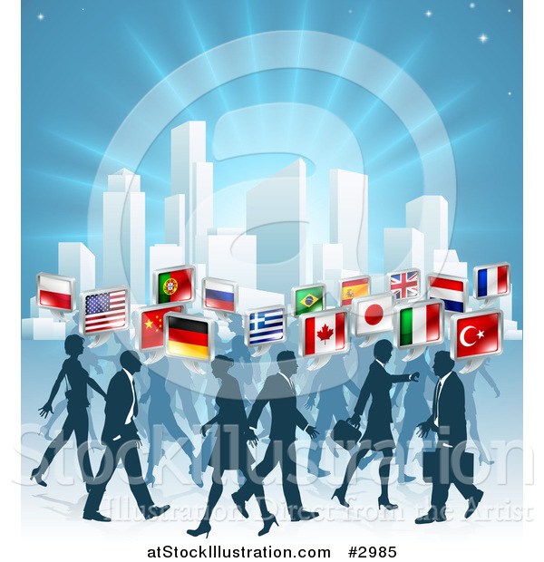Vector Illustration of a Business People with Flag Chat Balloons Walking by a City over Blue
