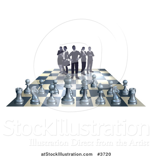 Vector Illustration of a Business Team on a Chess Board, up Against Game Pieces