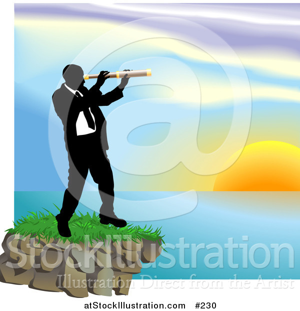 Vector Illustration of a Businessman Looking Through a Telescope Across a Waterscape