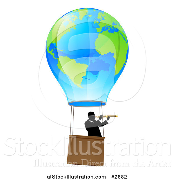 Vector Illustration of a Businessman Viewing Through a Spyglass in a World Hot Air Balloon