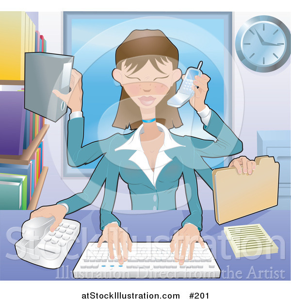 Vector Illustration of a Busy Multi Tasking Assistant Secretary Woman Typing, Filing, Organizing and Taking Phone Calls