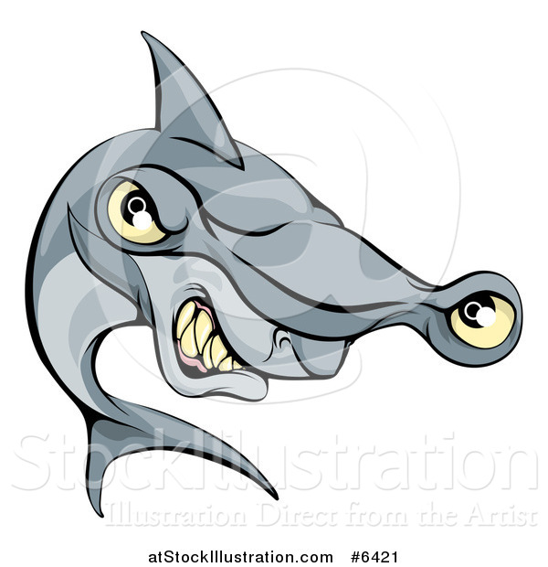 Vector Illustration of a Cartoon Aggressive Grinning Hammerhead Shark