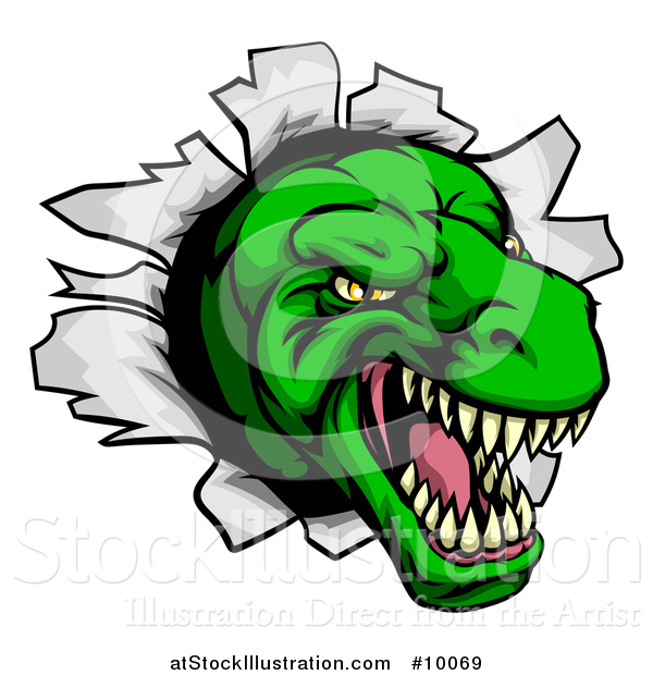 Vector Illustration of a Cartoon Angry Green Tyrannosaurus Rex Dino Head Breaking Through a Wall