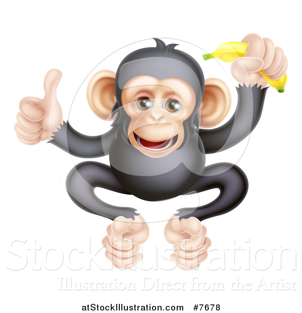 Vector Illustration of a Cartoon Black and Tan Happy Baby Chimpanzee Monkey Holding a Banana and Giving a Thumb up