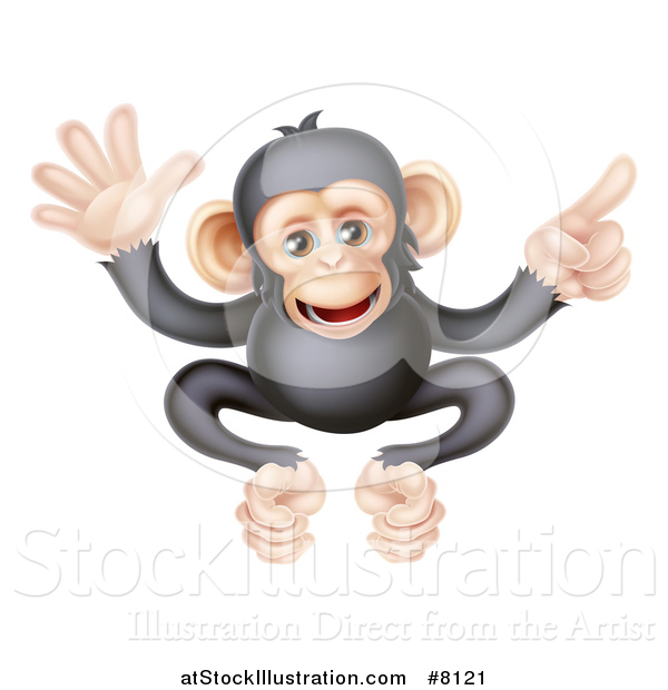 Vector Illustration of a Cartoon Black and Tan Happy Baby Chimpanzee Monkey Waving and Pointing