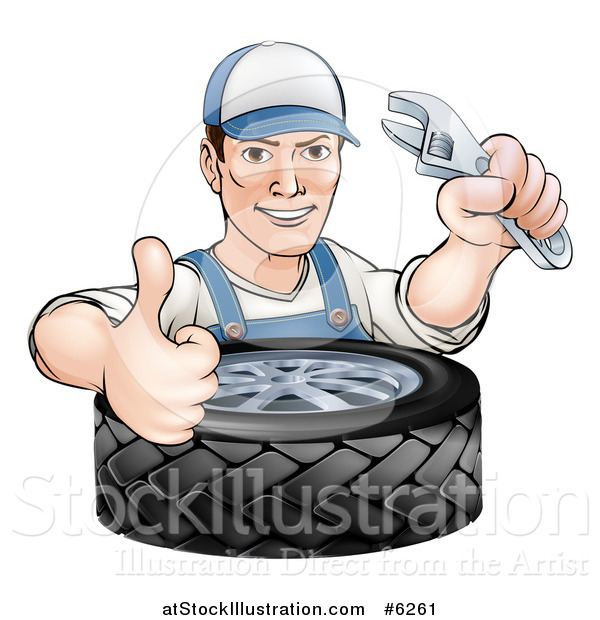 Vector Illustration of a Cartoon Brunette White Mechanic Man Holding an Adjustable Wrench and Thumb up over a Tire