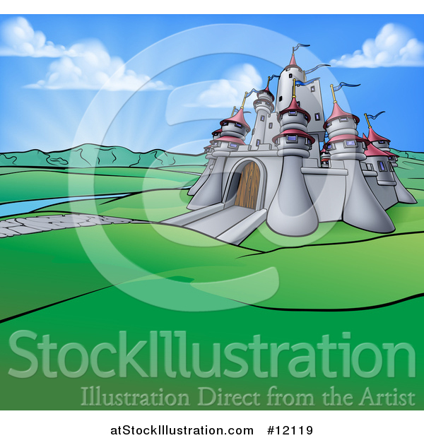 Vector Illustration of a Cartoon Castle in a Hilly Landscape at Sunrise