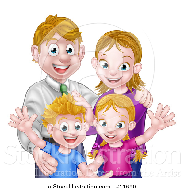 Vector Illustration of a Cartoon Caucasian Brother and Sister Waving with Their Mom and Dad