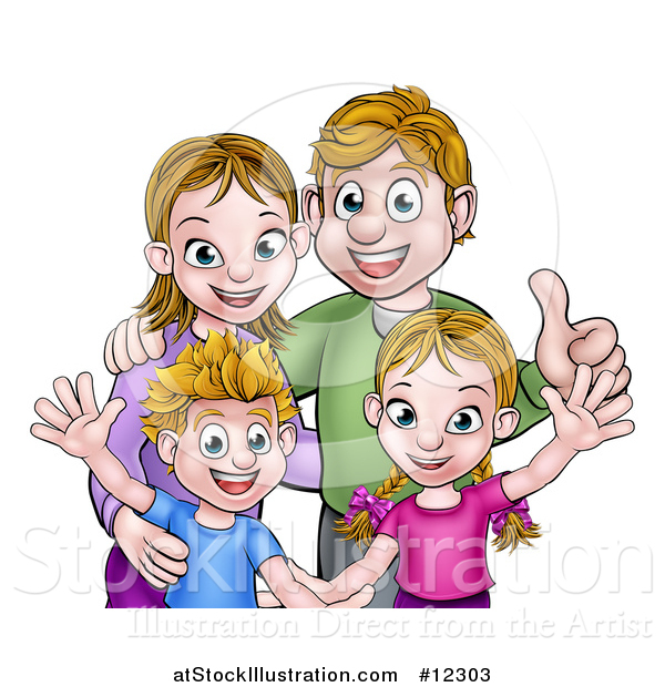 Vector Illustration of a Cartoon Caucasian Brother and Sister with Their Mom and Dad