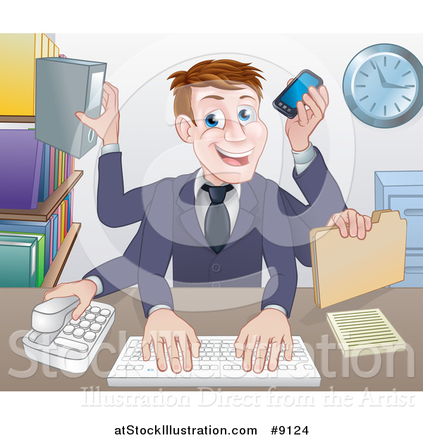 Vector Illustration of a Cartoon Caucasian Business Man Multi Tasking with Many Arms at His Office Desk