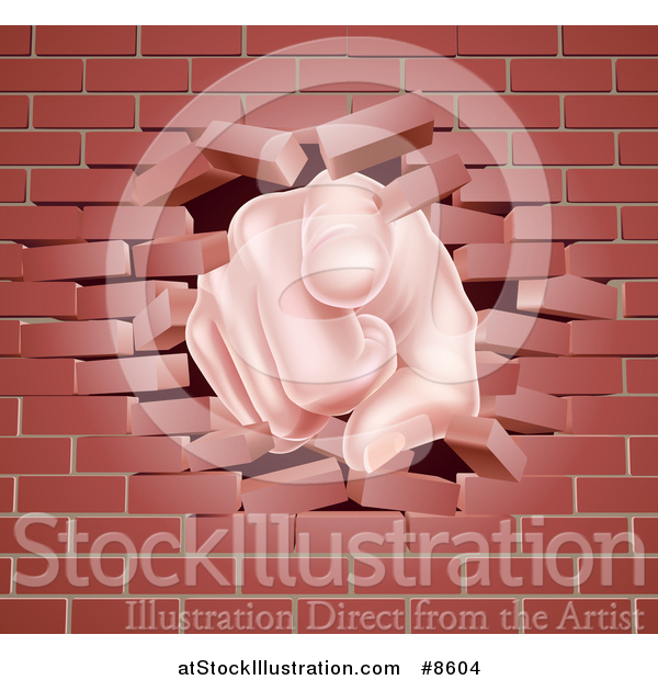 Vector Illustration of a Cartoon Caucasian Hand Pointing Outwards, Breaking Through a Brick Wall