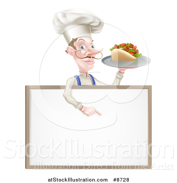 Vector Illustration of a Cartoon Caucasian Male Chef with a Curling Mustache, Holding a Kebab Sandwich on a Tray and Pointing down at a Blank Menu Sign