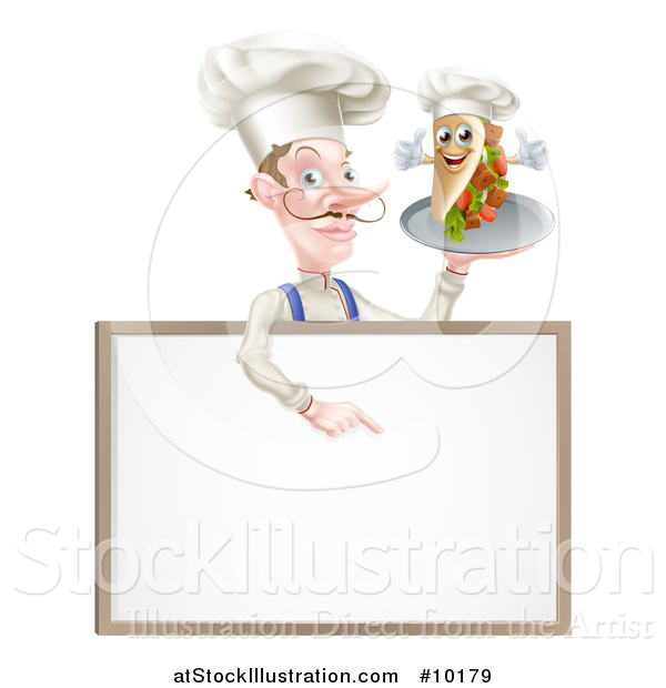 Vector Illustration of a Cartoon Caucasian Male Chef with a Curling Mustache, Holding a Kebab Sandwich on a Tray, Pointing down over a Blank Menu Sign