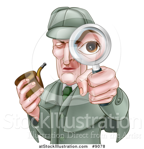 Vector Illustration of a Cartoon Caucasian Male Detective, like Sherlock Homes, Looking Through a Magnifying Glass and Holding a Pipe