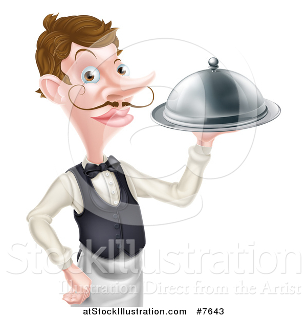 Vector Illustration of a Cartoon Caucasian Male Waiter with a Curling Mustache, Holding a Cloche Platter