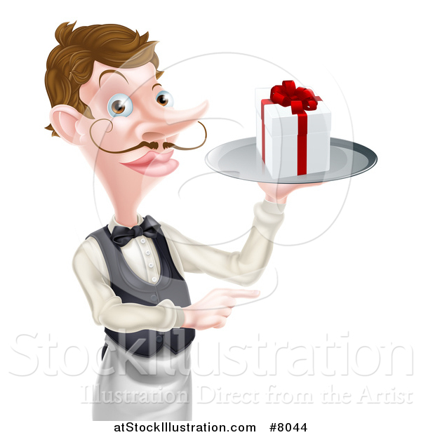 Vector Illustration of a Cartoon Caucasian Male Waiter with a Curling Mustache, Holding a Gift on a Platter and Pointing