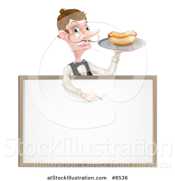 Vector Illustration of a Cartoon Caucasian Male Waiter with a Curling Mustache, Holding a Hot Dog on a Tray and Pointing down over a Blank White Menu Sign Board