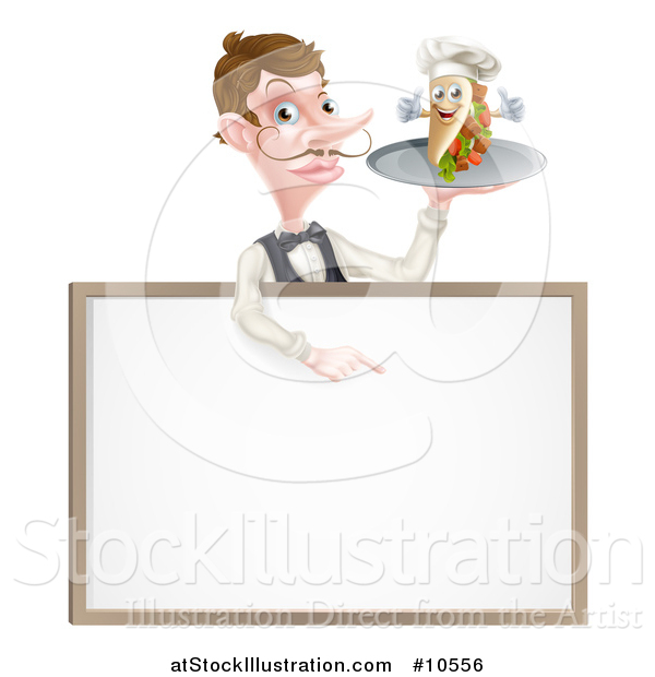 Vector Illustration of a Cartoon Caucasian Male Waiter with a Curling Mustache, Holding a Kebab Sandwich Character on a Tray, Pointing down over a Blank Sign