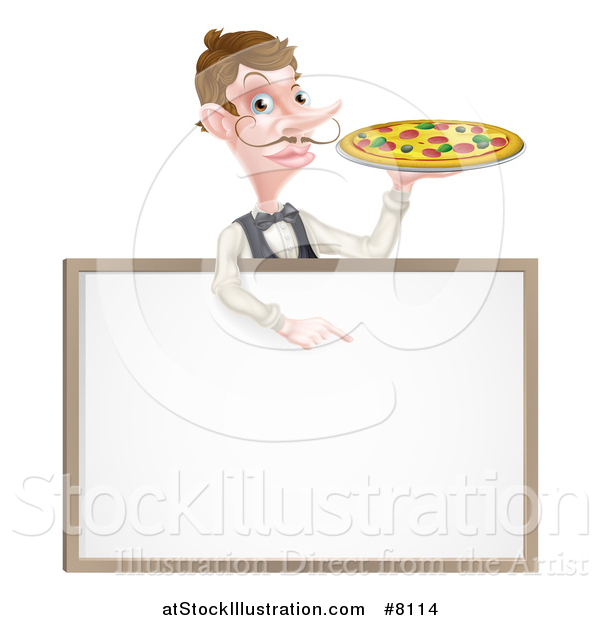Vector Illustration of a Cartoon Caucasian Male Waiter with a Curling Mustache, Holding a Pizza on a Tray and Pointing down over a Blank White Menu Sign Board
